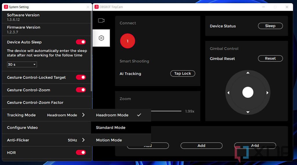 Captura de pantalla del software ObsBot TonyCam con el menú de modos de seguimiento abierto