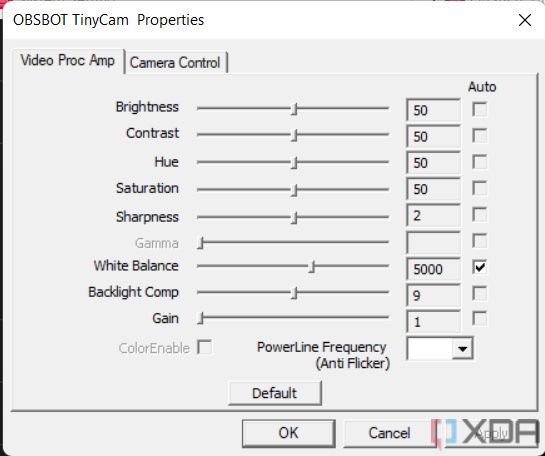 Captura de pantalla de las opciones de configuración de video de Obsbot TinyCam