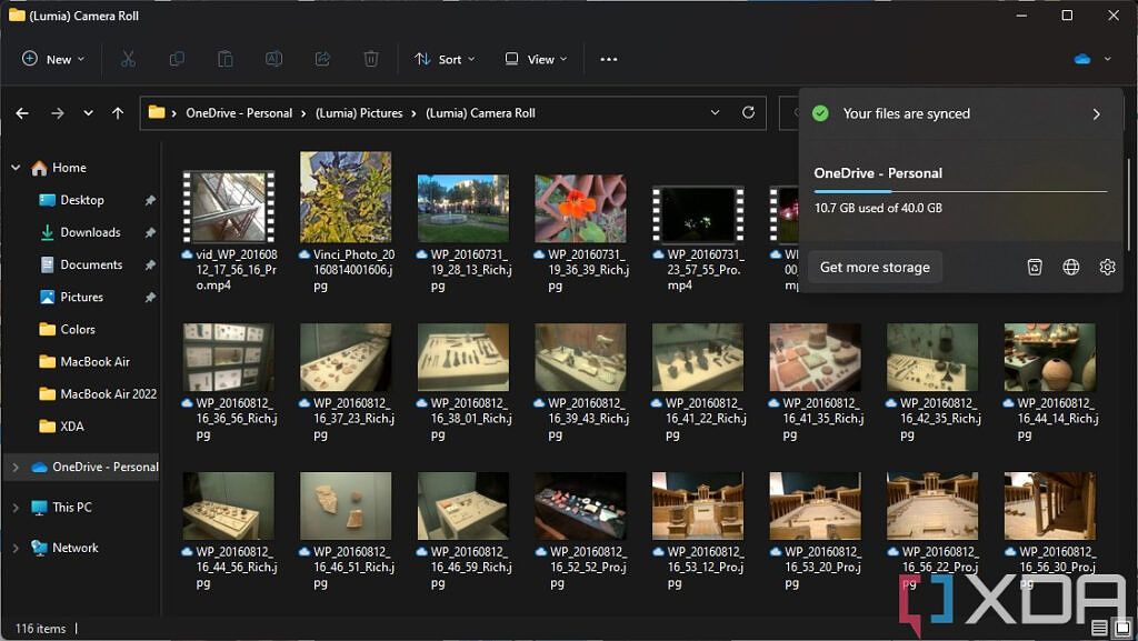 OneDrive folder in File Explorer showing sync status and storage
