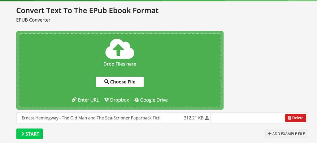 Online Epub Converter home screen