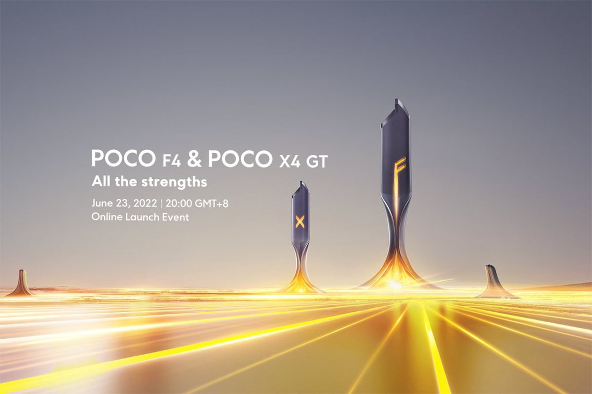 POCO X4 GT and POCO F4 launch event poster.