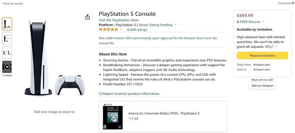 PlayStation 5 Amazon listing with new invitation-based buying experience