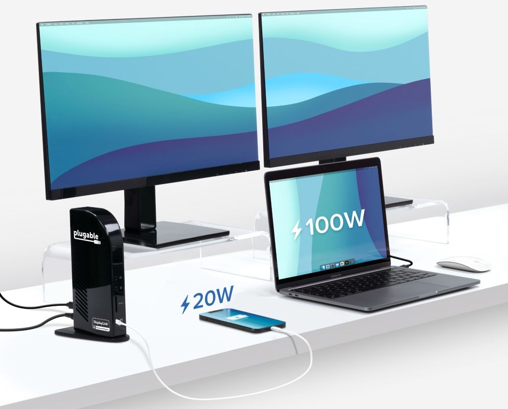 Plugable UD-ULTC4K dock connected to two displays and charging a laptop at 100W and a phone at 20W
