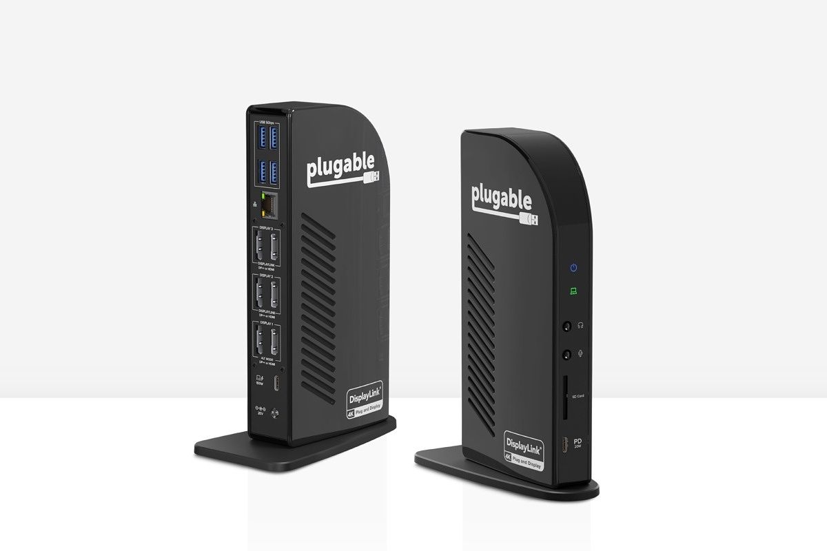 The Plugable dock is very unique in that it doesn't use Thunderbolt, yet it does support three 4K displays at 60Hz, thanks to DisplayLink.  It has three HDMI or DisplayPort ports, as well as four USB Type A and Ethernet ports, a USB Type C port that can charge your phone, and another for charging your laptop.