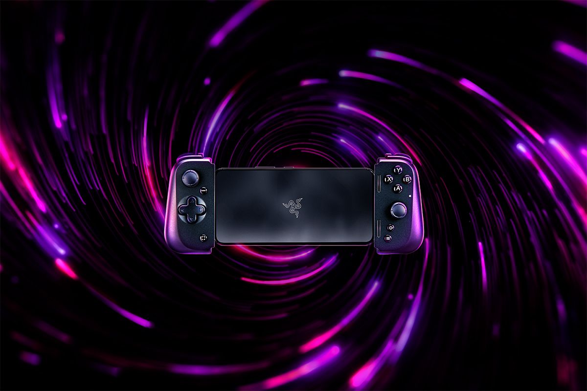 Razer Kishi V2 for Android on black background with purple swirling graphics