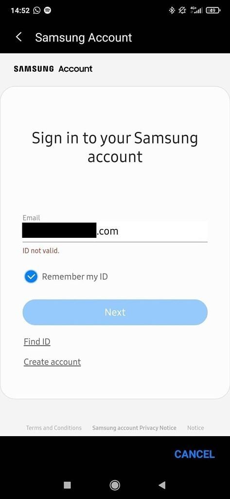 Screenshot of login error in Samsung Pay.