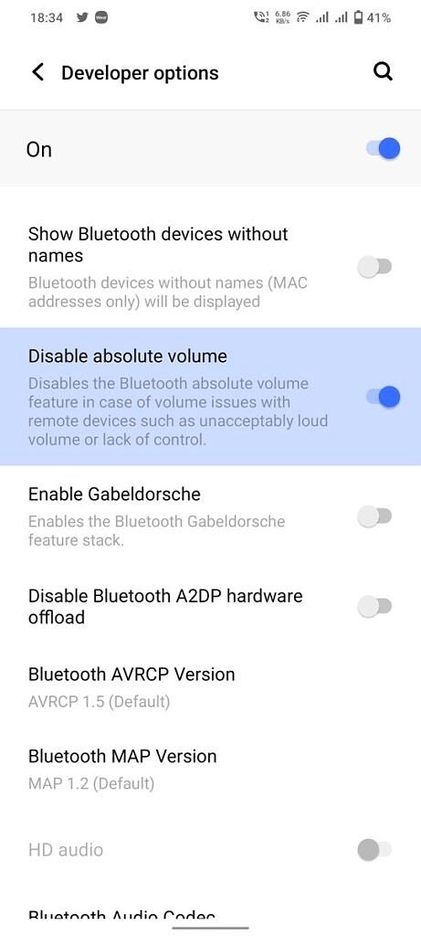 Absolute volume toggle highlighted in Android Developer Settigs