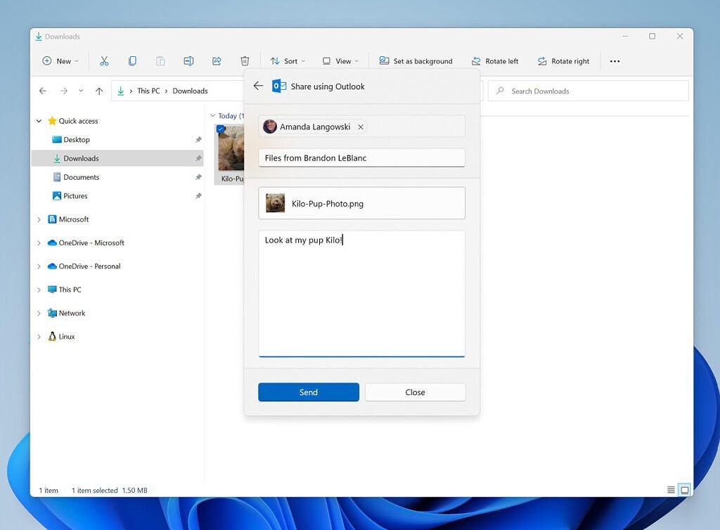 Sharing to Outlook in File Explorer