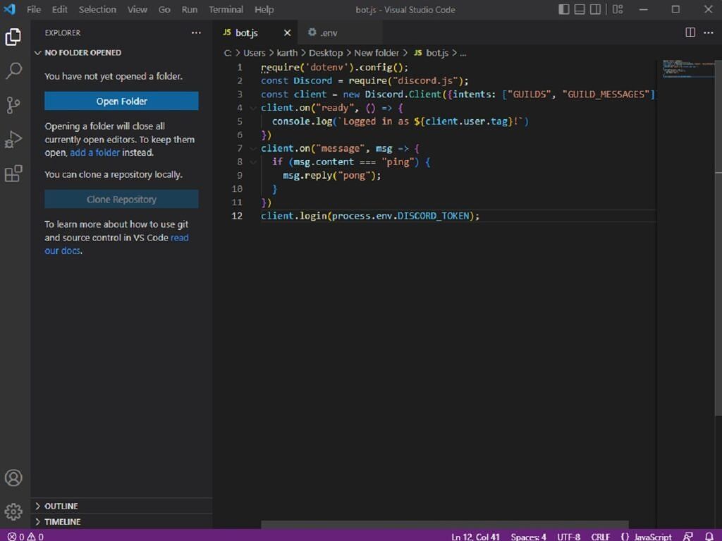 Visual studio code for bot function