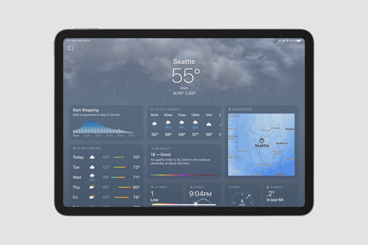 Weather app on iPad running iPad OS 16 on gray background