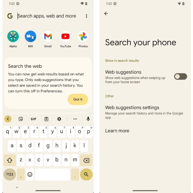 Web suggestions in pixel launcher android 13 beta