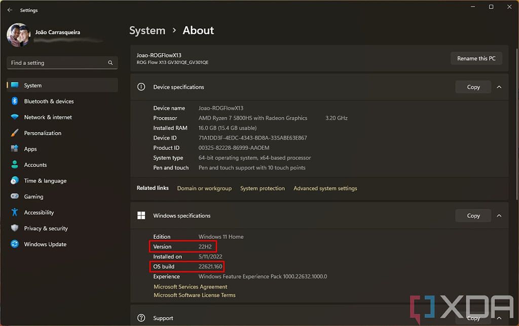 Página Acerca de de la configuración de Windows 11 que muestra la versión 22H2 instalada