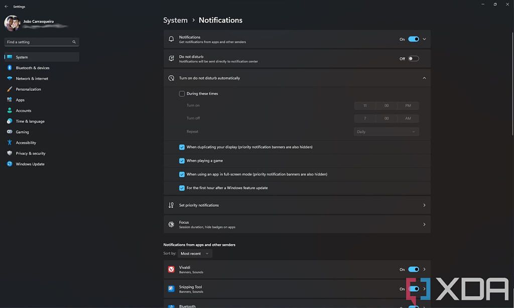 Windows 11 version 22H2 notification settings including Do not disturb rules
