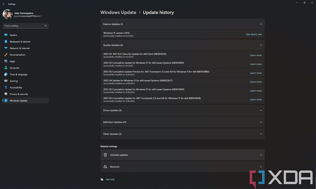 Windows Update history in Windows 11 version 22H2