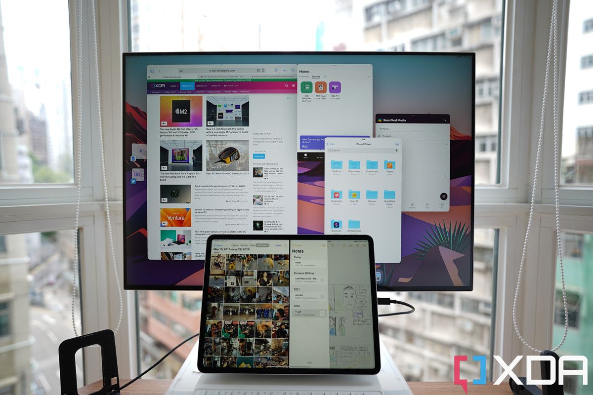 iPad Pro connected to an external display showing stage manager multitasking features