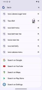 Pixel Launcher search bar showing shortcuts for Google, Maps, YouTube and Play Store