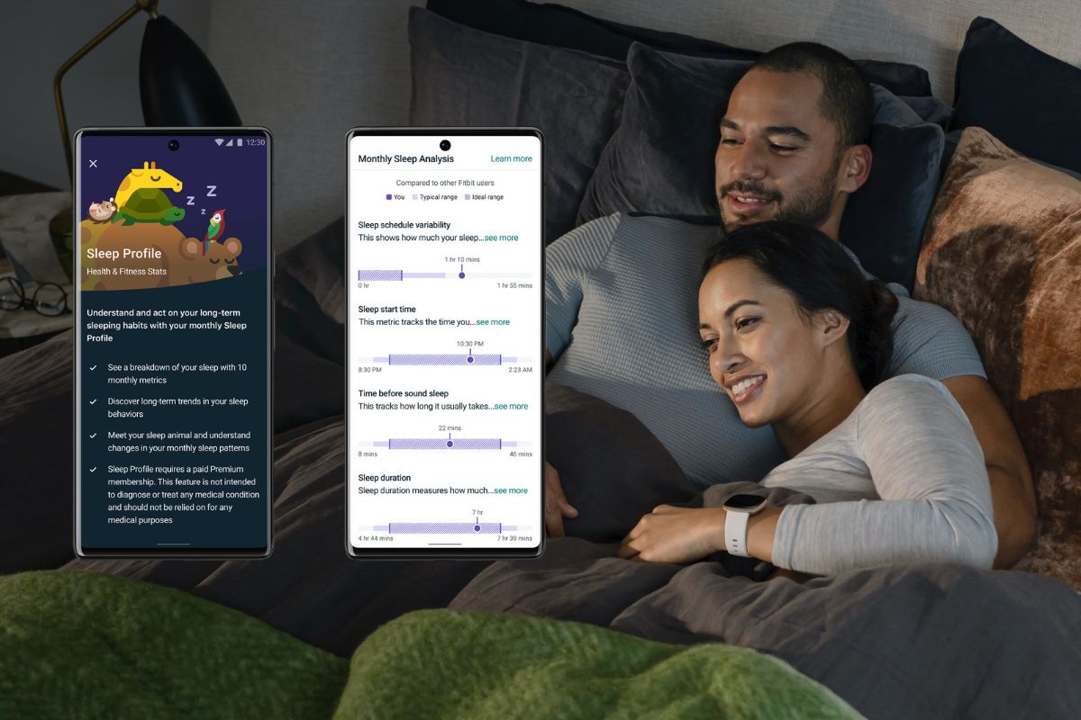 A couple happily prepares to sleep, as the FitBit Premium Sleep profile watches over their nightly routines