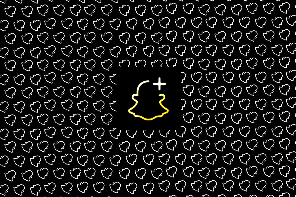 Snapchat Plus logo with a snapchat backdrop of small ghosts