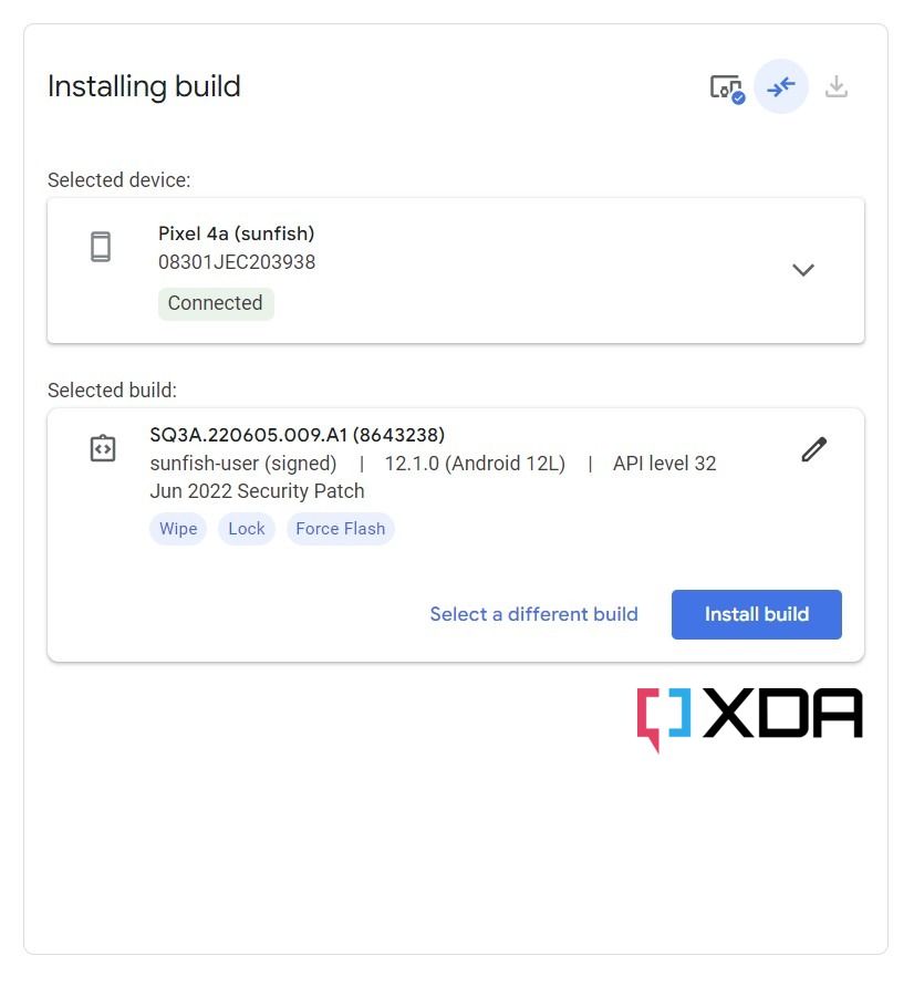 Install build option of Android Flash Tool 