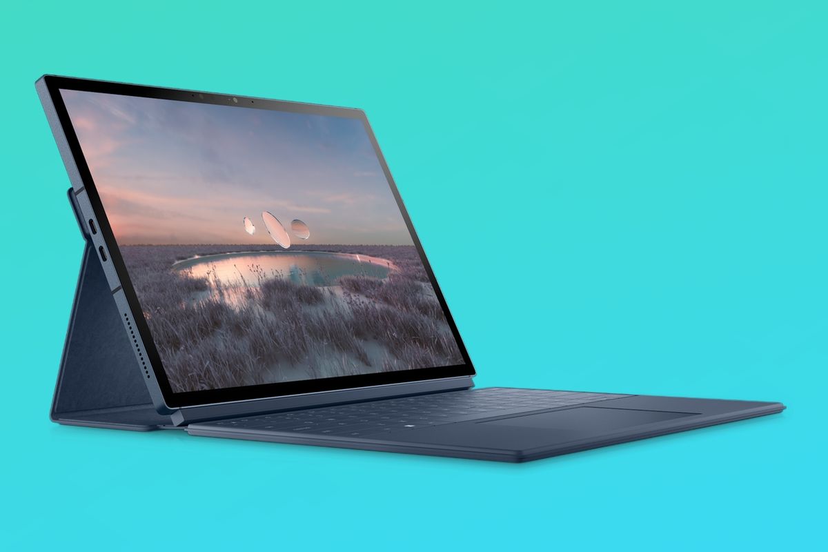 Dell XPS 13 2-in-1 angled front view over light blue gradient background