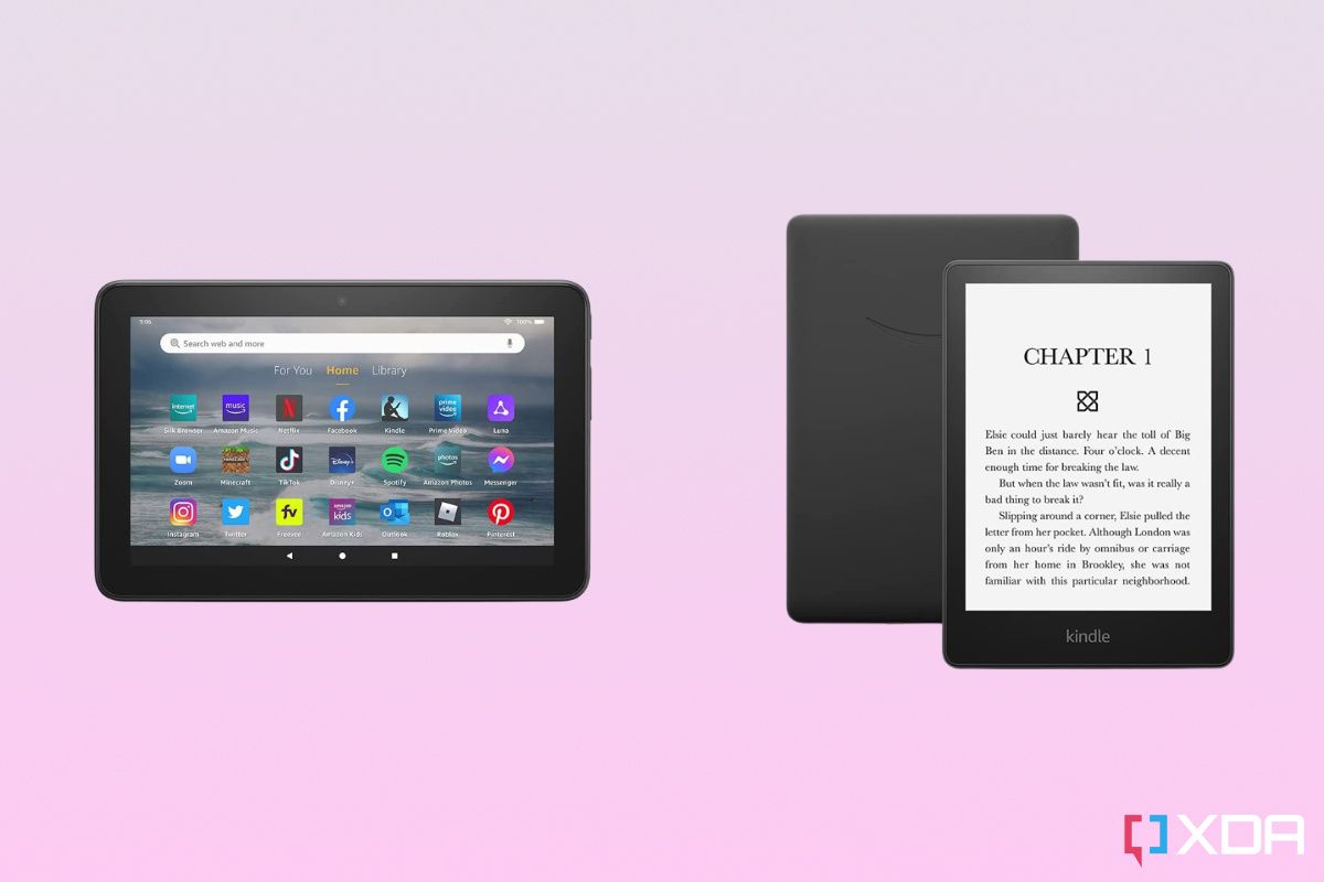 Fire 7 tablet Vs Kindle Paperwhite on a gradient background