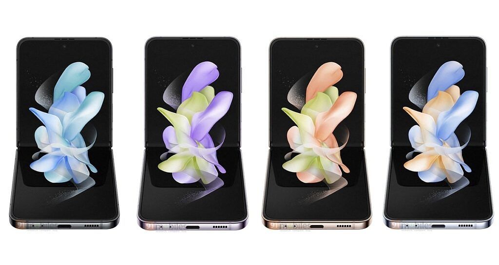 Samsung Galaxy Z Flip 4 leaked render showcasing the device in four colorways.