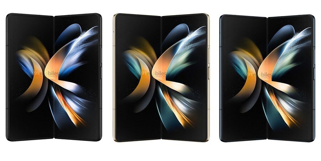 Samsung Galaxy Z Fold 4 leaked render showcasing the device in three colorways.
