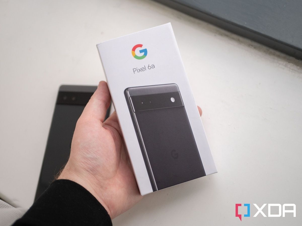Google Pixel 6a box with the Pixel 6a behind it