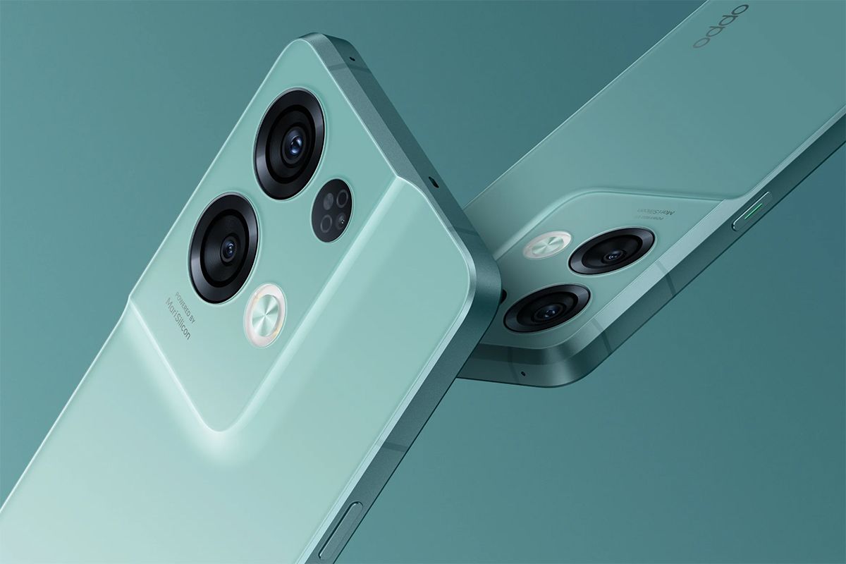 Green OPPO Reno 8 Pro with close up on camera module.