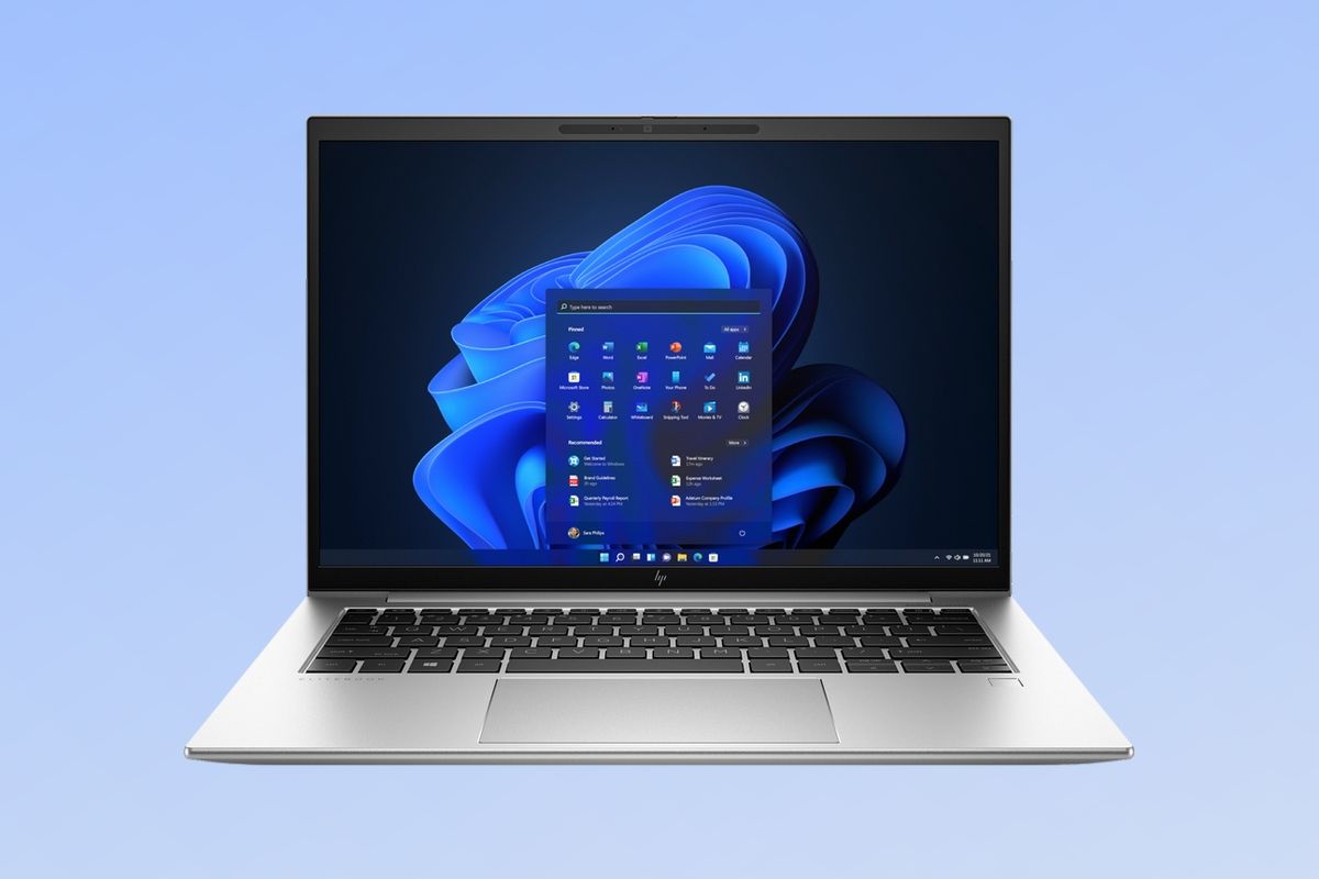 Front view of the HP EliteBook 840 G9 over a gradient blue background