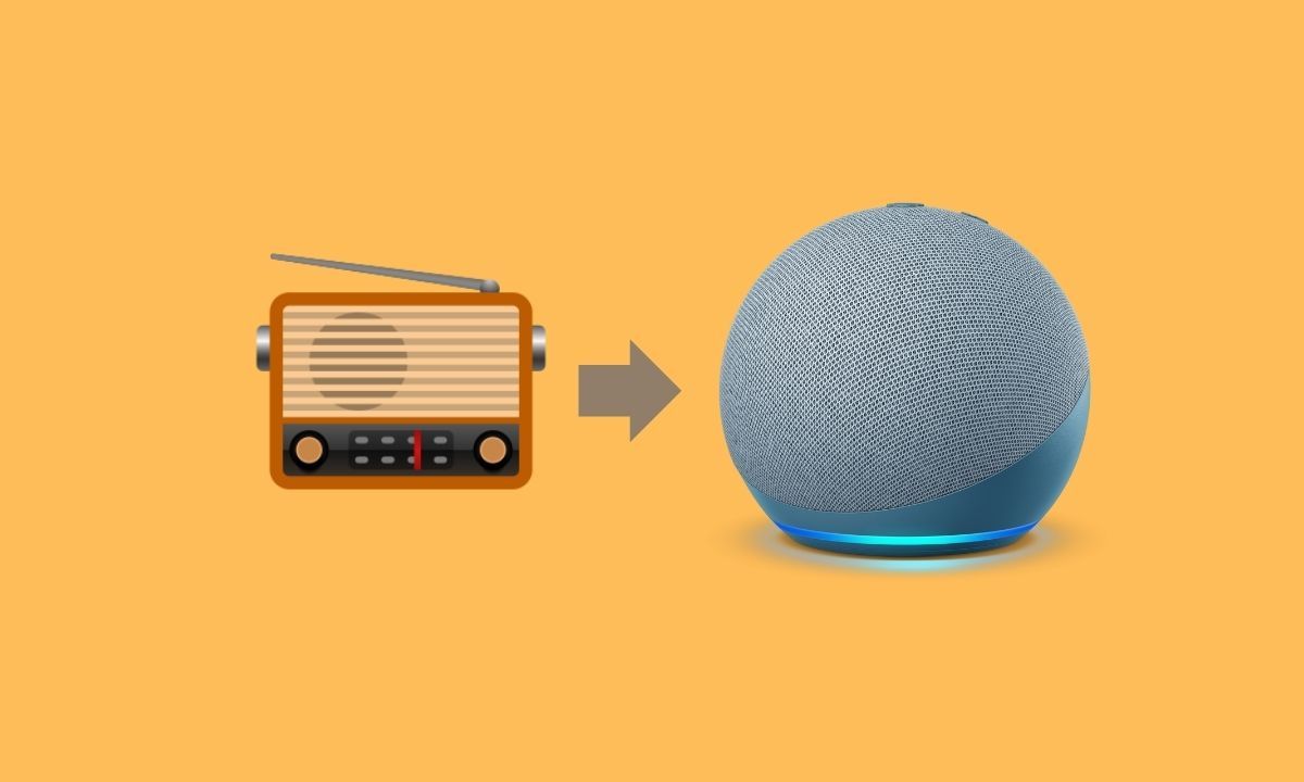 An illustration image showing an FM radio emoji and an Amazon Echo dot speaker on a yellow background