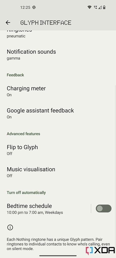 Screenshot of the Glyph Interface settings on the Nothing Phone 1 with the Music visualization option.