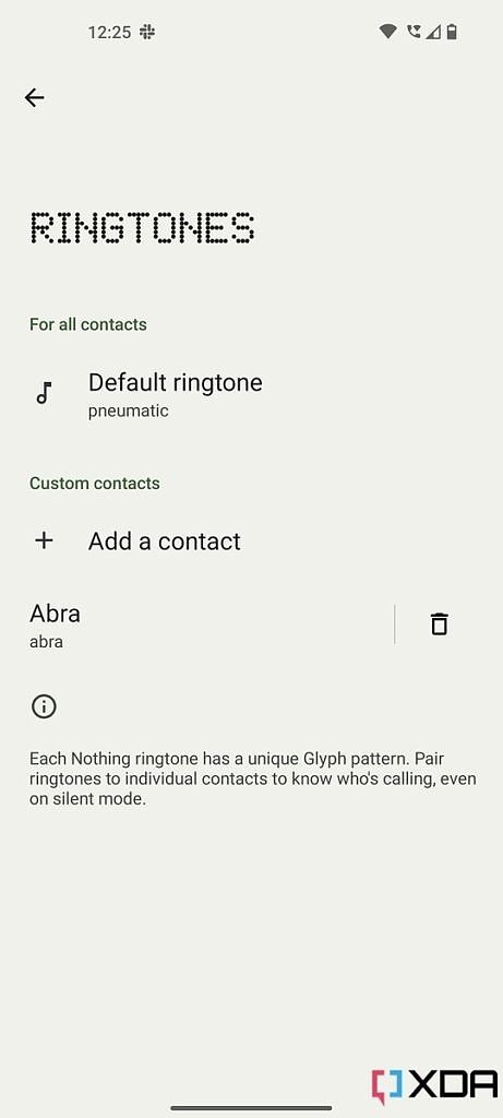 Screenshot of the Ringtones option within the Glyph Interface settings on the Nothing Phone 1.