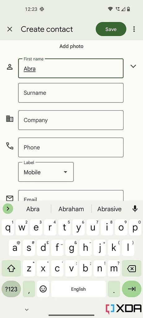 Screenshot of a new contact named Abra on the Nothing Phone 1.