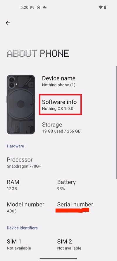 Nothing Phone 1 software info