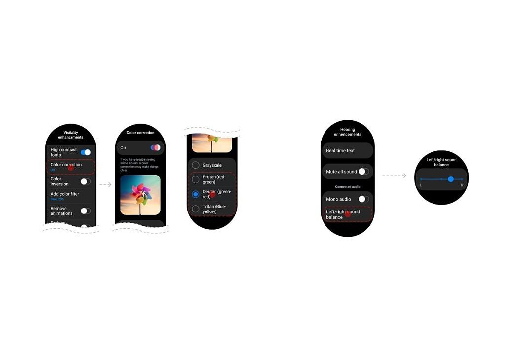 One UI Watch 4.5 accessbility features for visual and auditory aid.