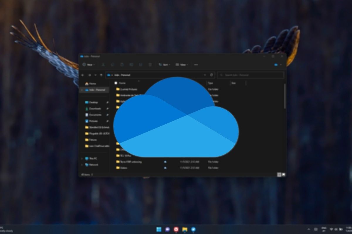 OneDrive logo over Windows 11 File Explorer with OneDrive folder open