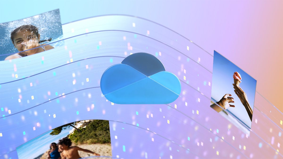 Microsoft OneDrive photo story announcement banner with OneDrive logo and a three photos on a gradient background.