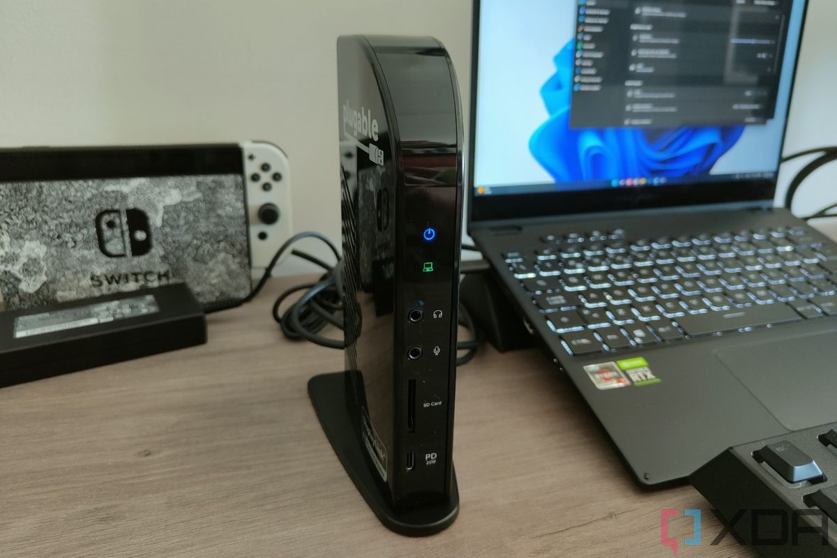 Angled front view of the Plugable USB-C Triple 4K Display Docking Station