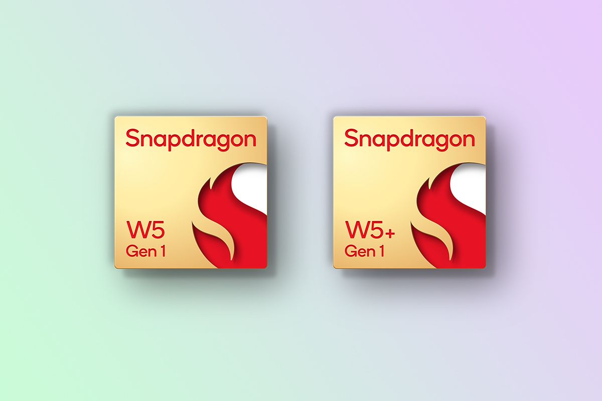 Qualcomm Snapdragon W5 Plus Gen 1 and Snapdragon W5 Gen 1 logos on gradient background.