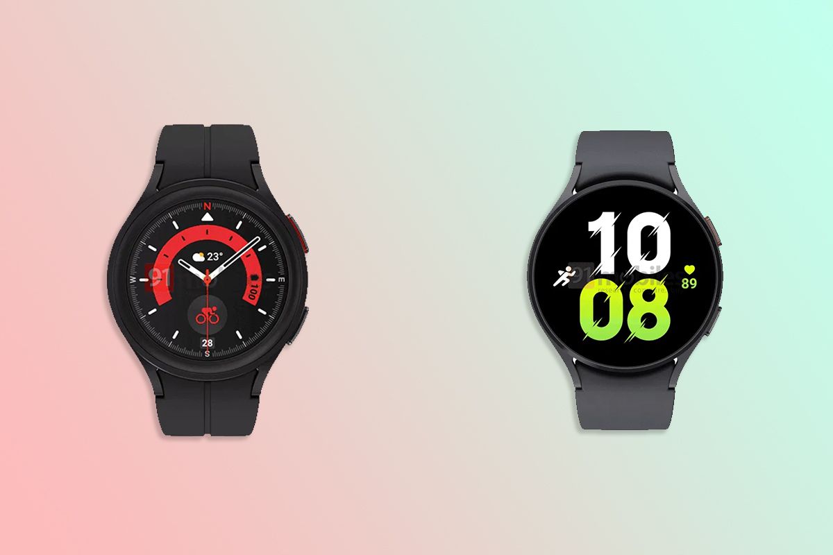 Samsung Galaxy Watch 5 and Galaxy Watch 5 Pro leaked renders on gradient background
