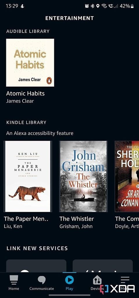 Screenshot of Amazon Alexa app Play tab showing Audible and Kindle sections.