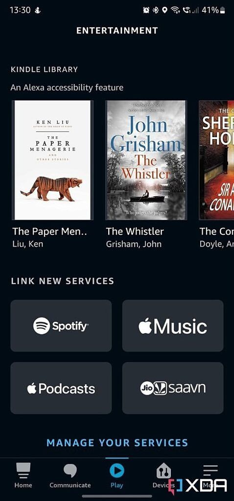 Screenshot of Amazon Alexa app Play tab showing Kindle library.