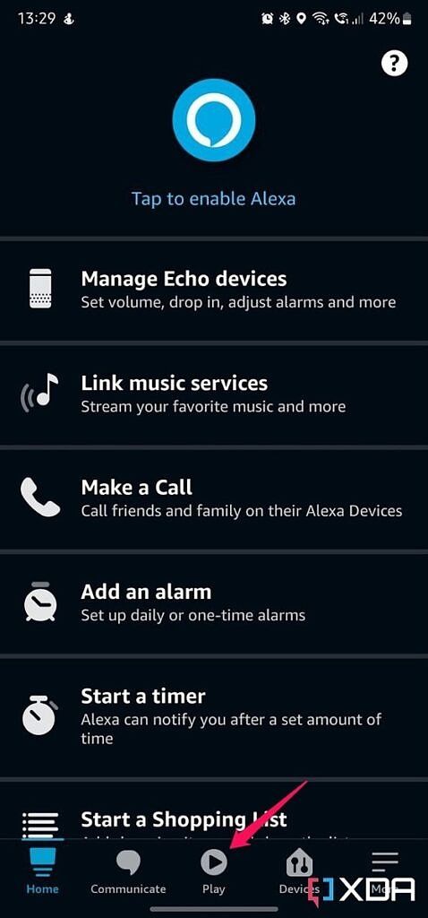 Screenshot of Amazon Alexa app homescreen with arrow pointing at Play button in bottom toolbar.