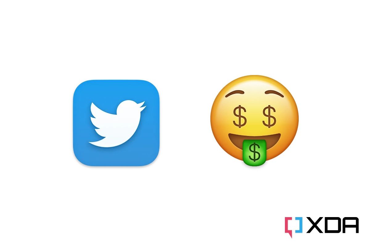Twitter logo next to money face emoji
