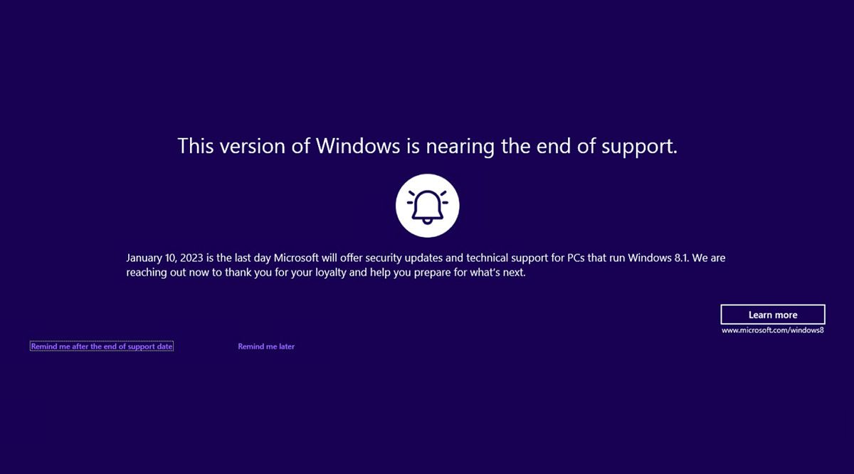 Screenshot of end of life warning for Windows 8.1 users