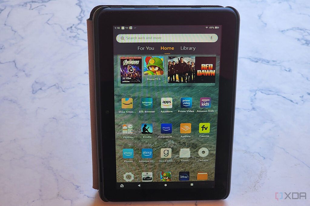 An Amazon Fire 7 tablet on a table.