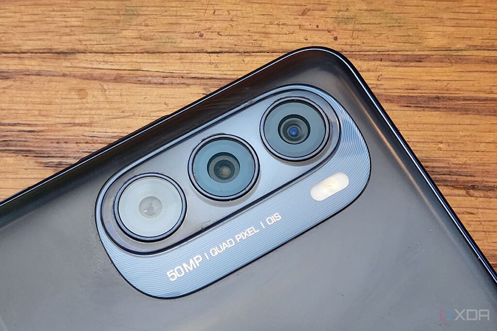 The camera module of the Moto G Stylus 5G on a table.