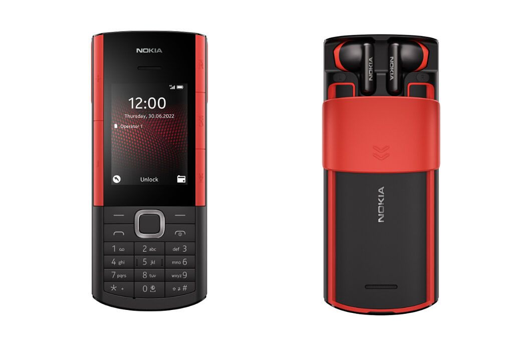 Nokia 5710 XA in black, showing off its wireles earbuds that can be stowed in the rear of the phone