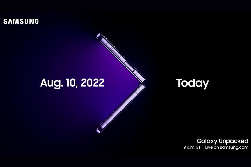 samsung unpacked event teaser image with Galaxy Z Flip 4 in Bora Purple